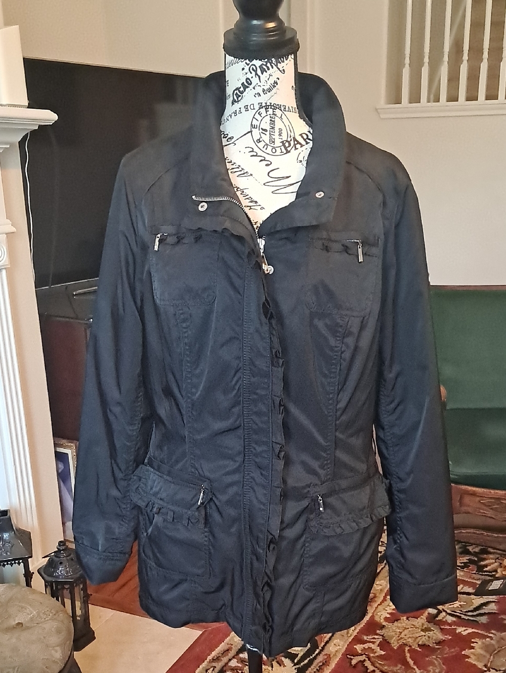 White House Black Market Black Utility Jacket with Zip & Snap Front Large.